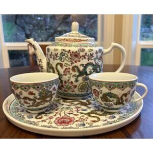 Vintage Chinese Famille Rose Tea Set Featuring 4 Dragons — Plate, Teapot, Cups